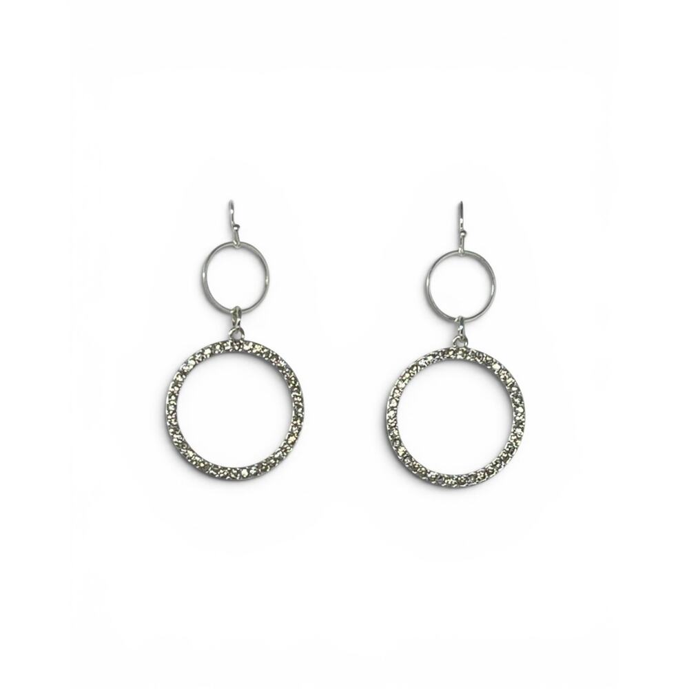 QVC Crystal Pavé Circle Drop Earrings Silver Tone Double Hoop Dangle NWT